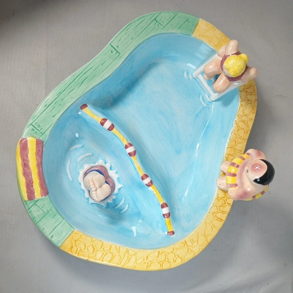 VTG Lotus Swimming Pool Take a Dip Serving Bowl Chubby Divers Chip Dip 1995